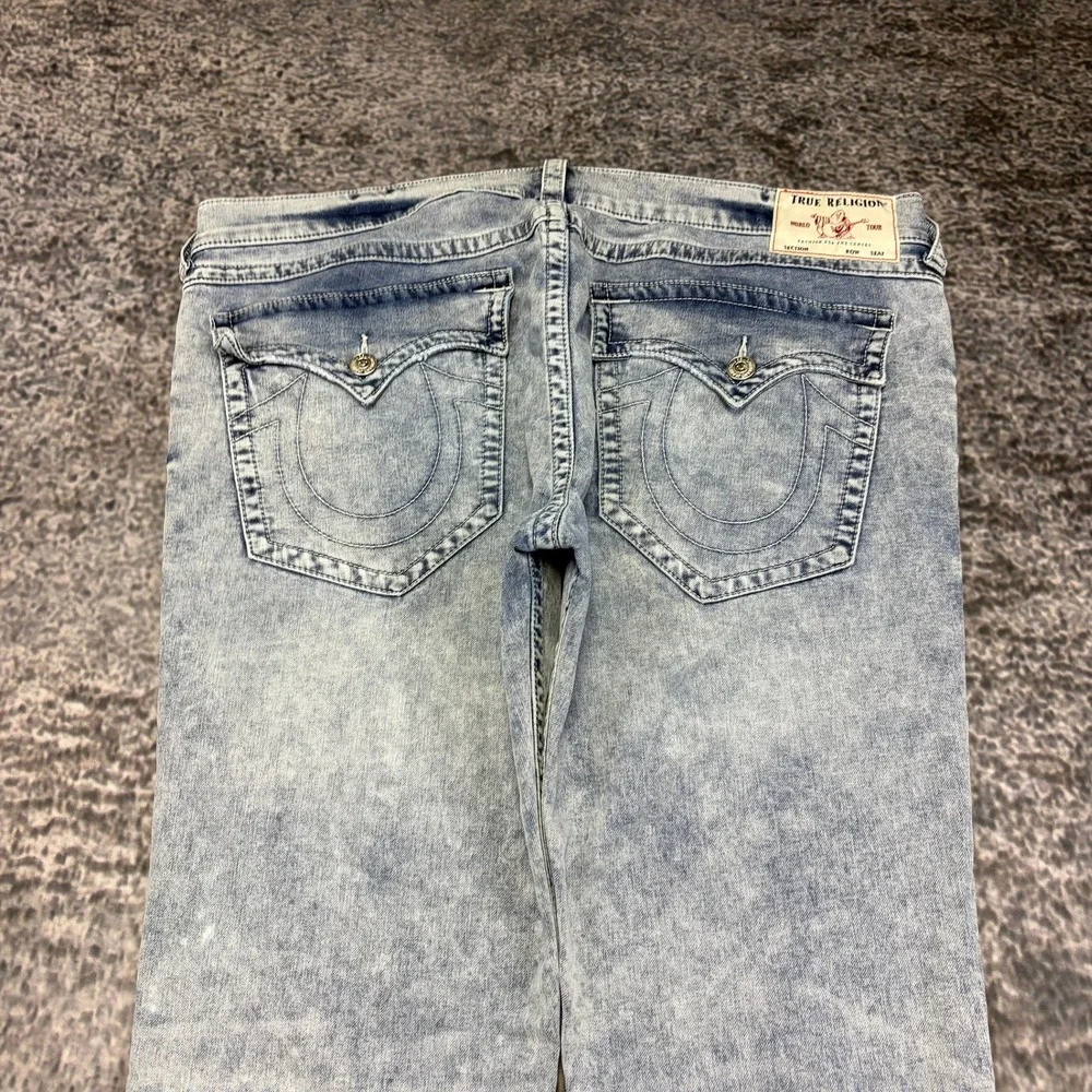 True Religion Ricky Jeans Relaxed Straight 42x33 Acid Wash Blue Flap Pockets